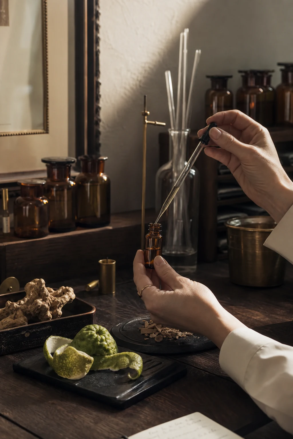 Mains d’une parfumeuse composant une formule dans l’atelier IRIS