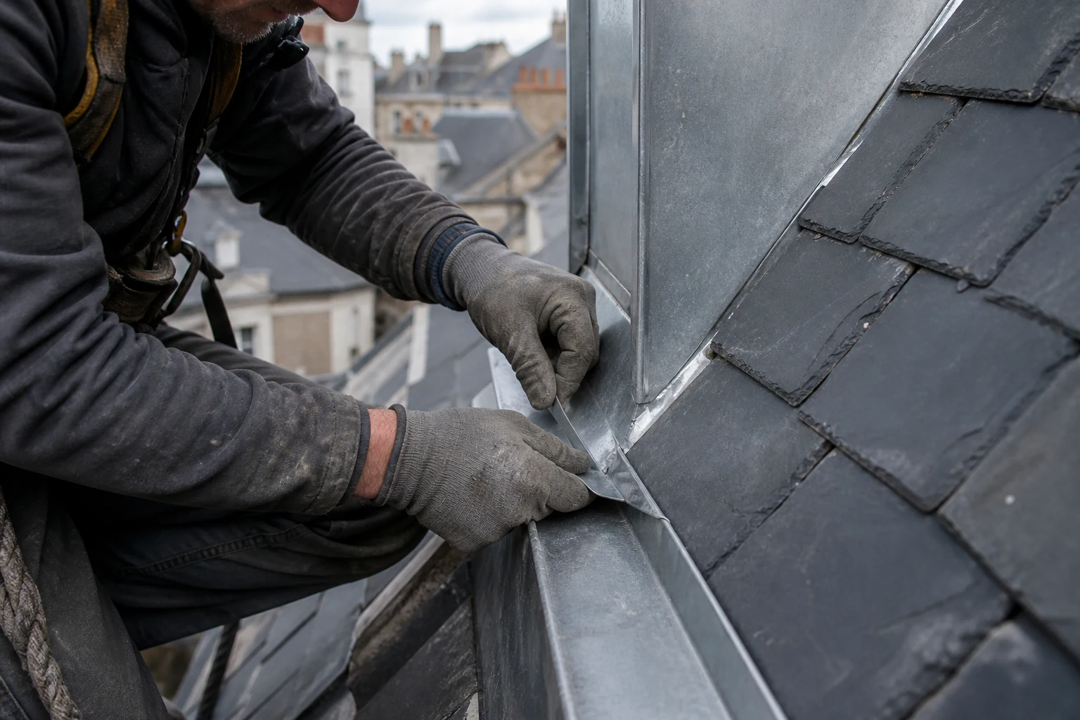 Façonnage d’un raccord en zinc sur une toiture en ardoise