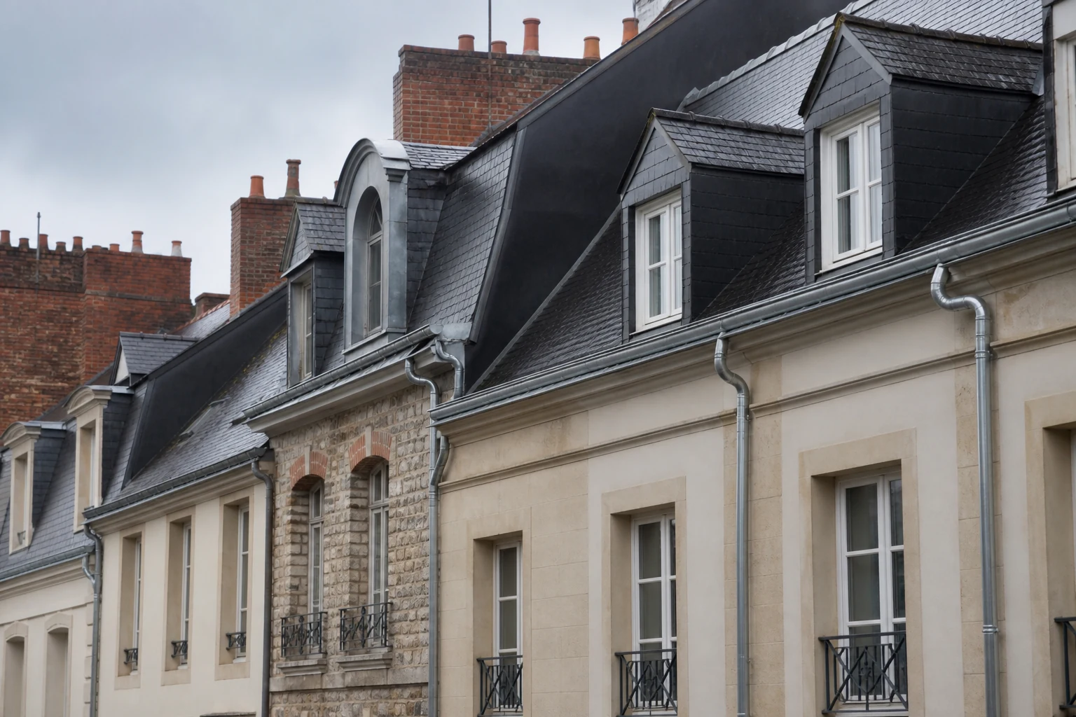 Gouttières et descentes en zinc rénovées sur des maisons rennaises