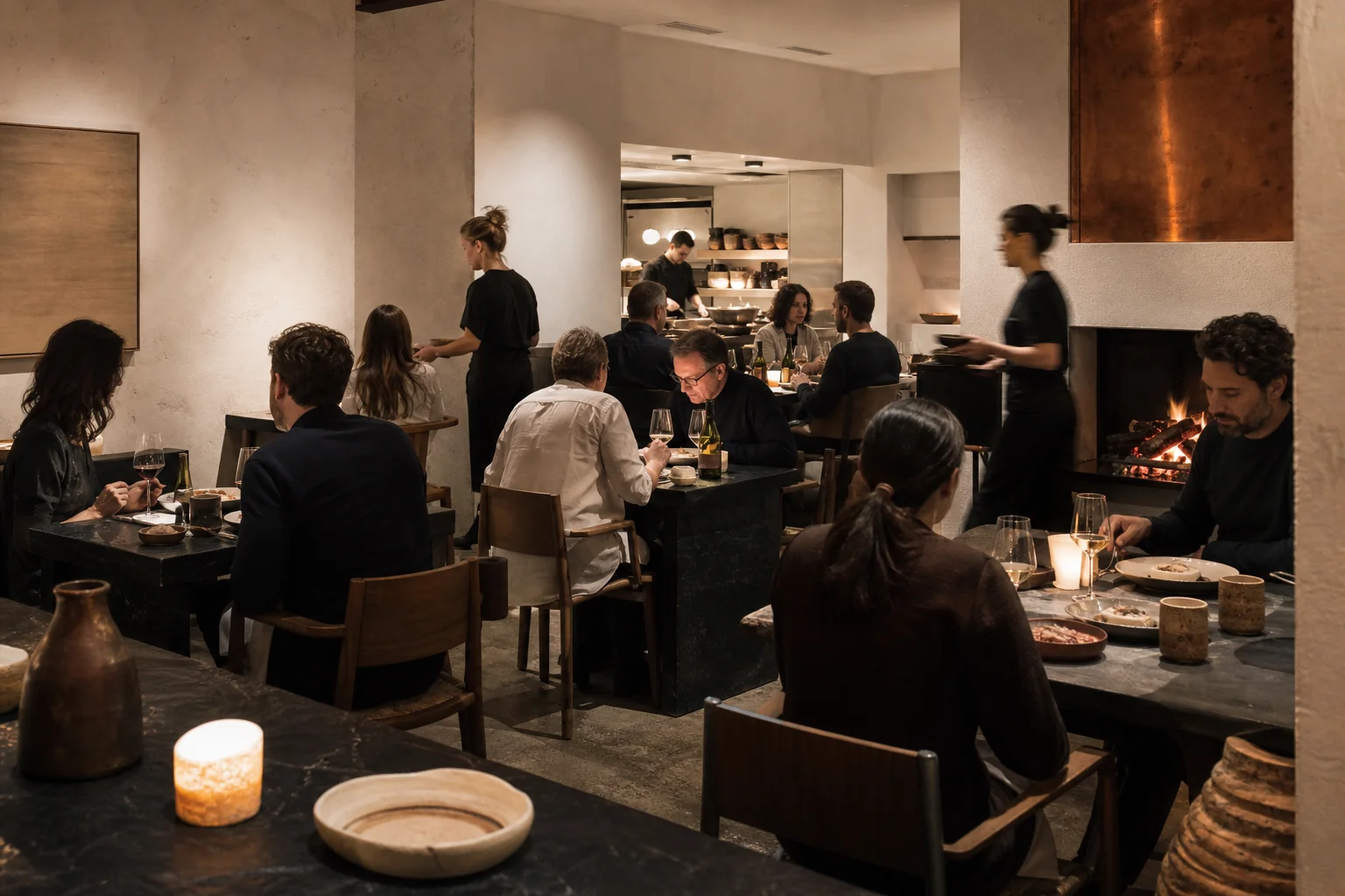 Salle du restaurant animée pendant le service, avec cuisine ouverte et foyer
