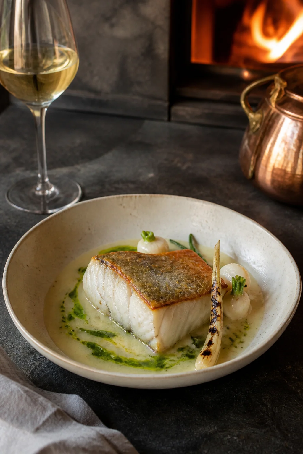 Cabillaud à la peau dorée, beurre blanc, navets et huile de persil